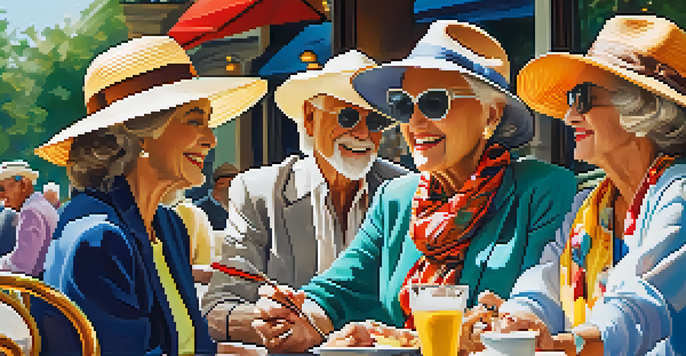 A vibrant outdoor café scene with seniors dressed in colorful and trendy fashion, surrounded by greenery and enjoying conversation.