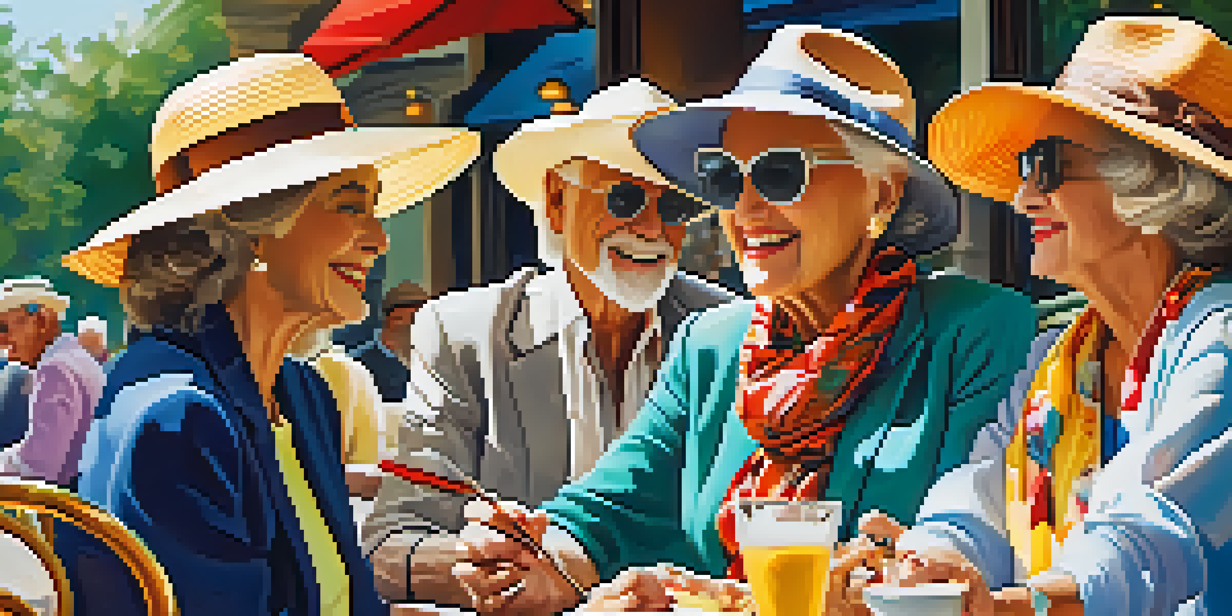 A vibrant outdoor café scene with seniors dressed in colorful and trendy fashion, surrounded by greenery and enjoying conversation.