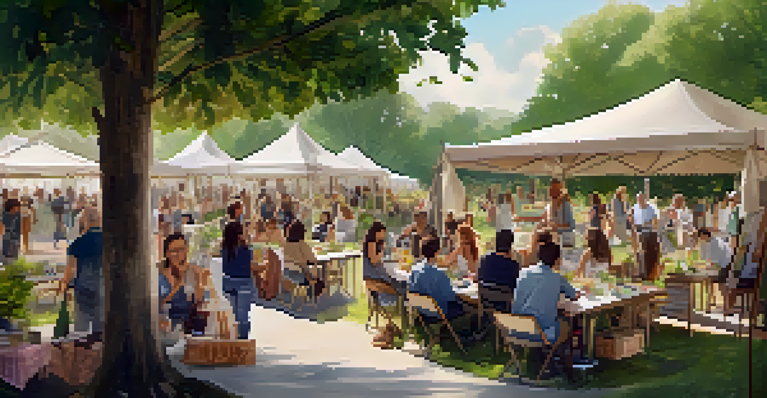 A community event in a park promoting sustainable fashion, with people participating in workshops and showcasing handmade clothing amidst greenery.