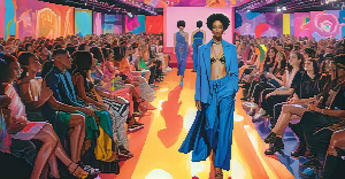 A runway show with diverse models wearing gender-fluid fashion, illuminated by colorful lights.