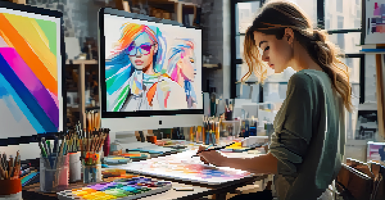 An artist illustrating fashion designs in a bright workspace filled with art supplies and colorful sketches.