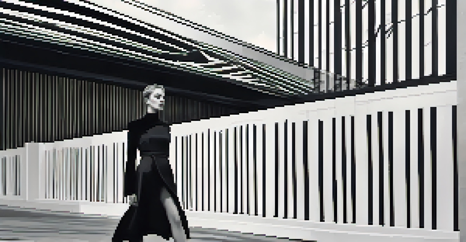 A model in a black-and-white high-fashion outfit poses against a minimalist urban backdrop, highlighting clean lines and dramatic shadows.