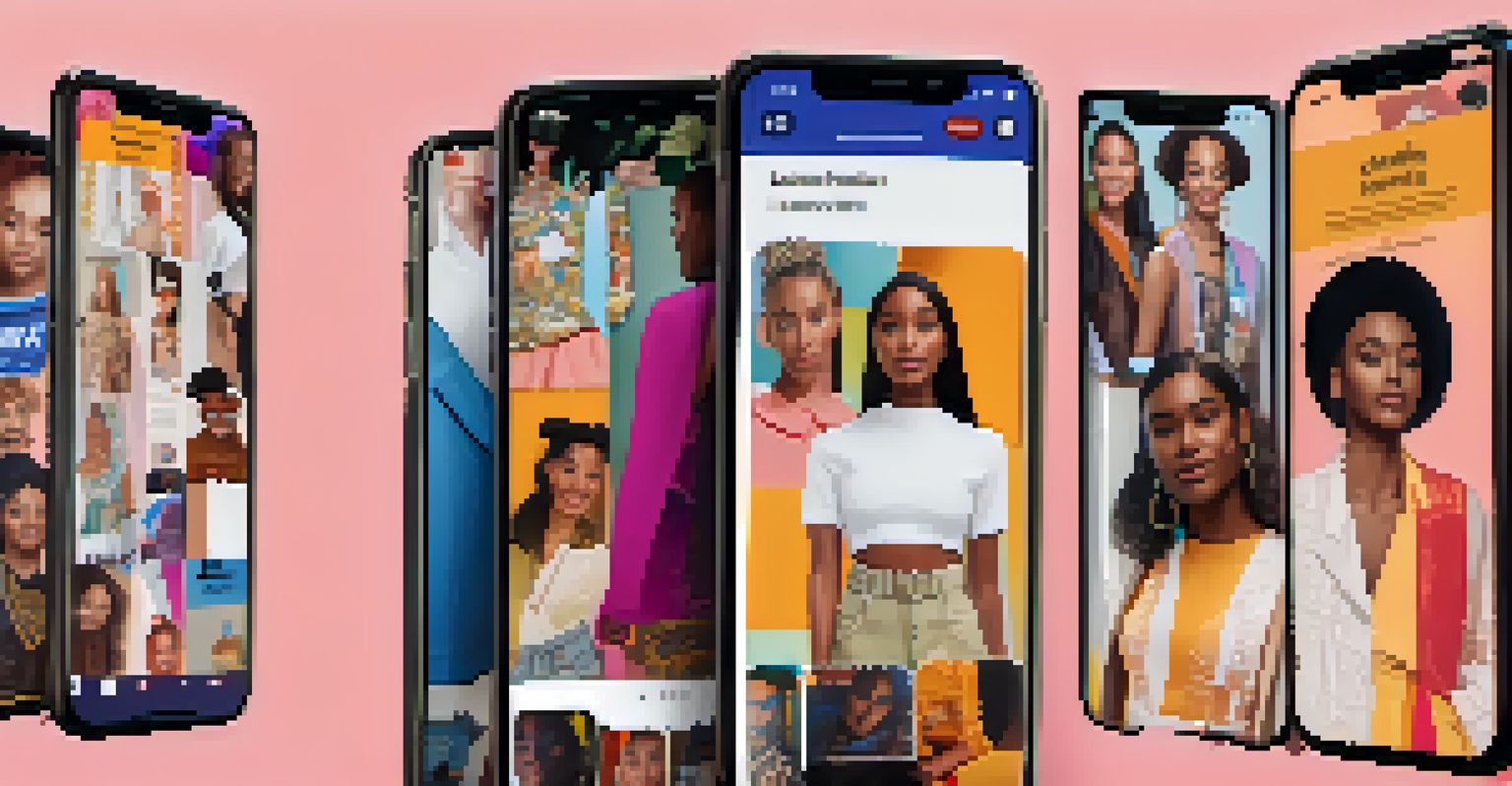 A smartphone displaying a colorful social media feed of influencers in gender-inclusive fashion styles.