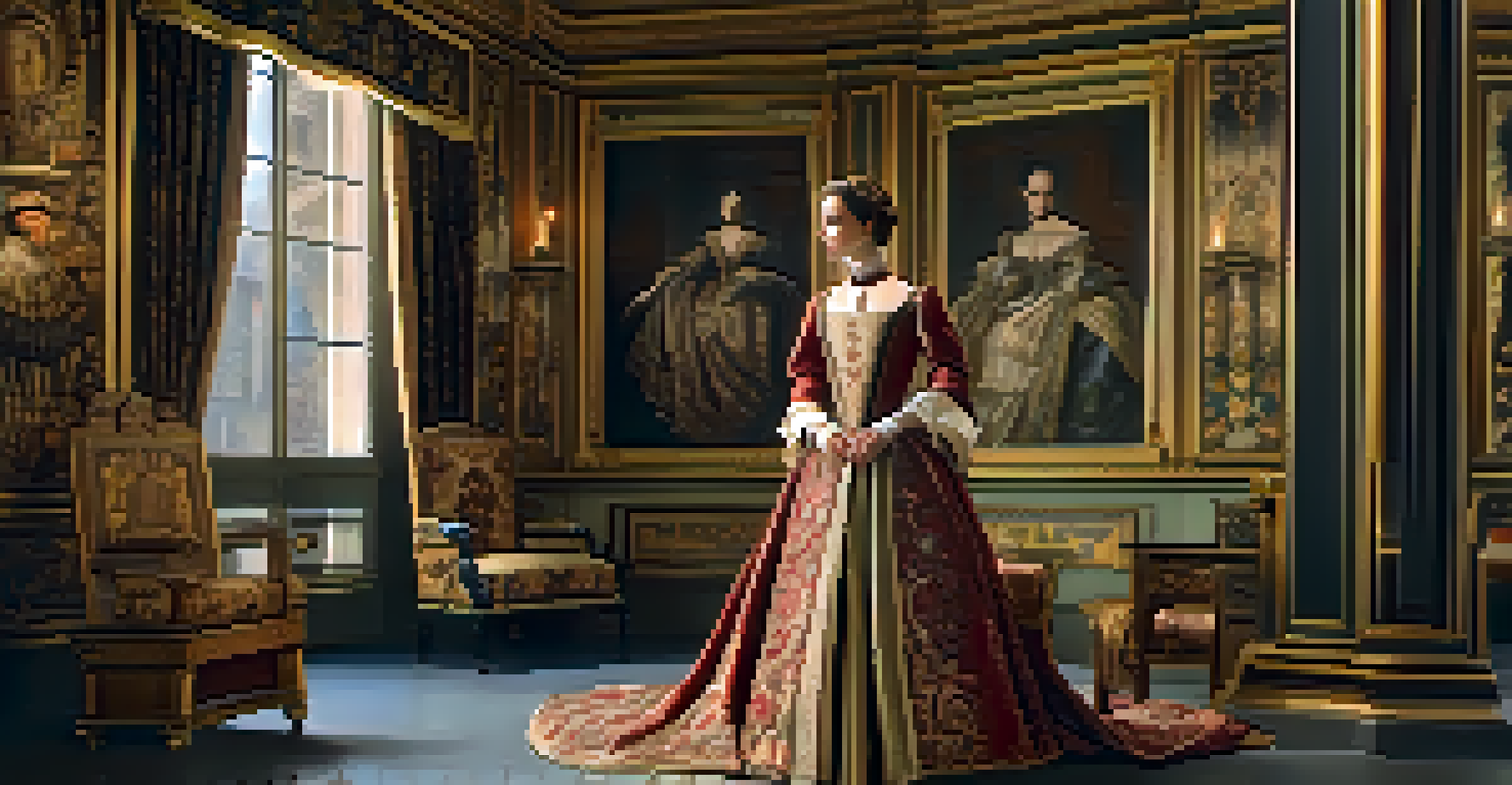 A historical Renaissance dress on display in a museum, surrounded by ornate furniture and tapestries.