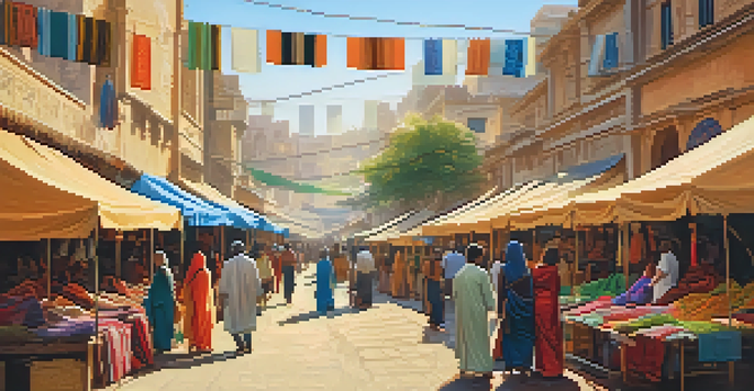 A busy street market featuring colorful clothing stalls and diverse shoppers, with artisans at work, illuminated by warm sunlight.