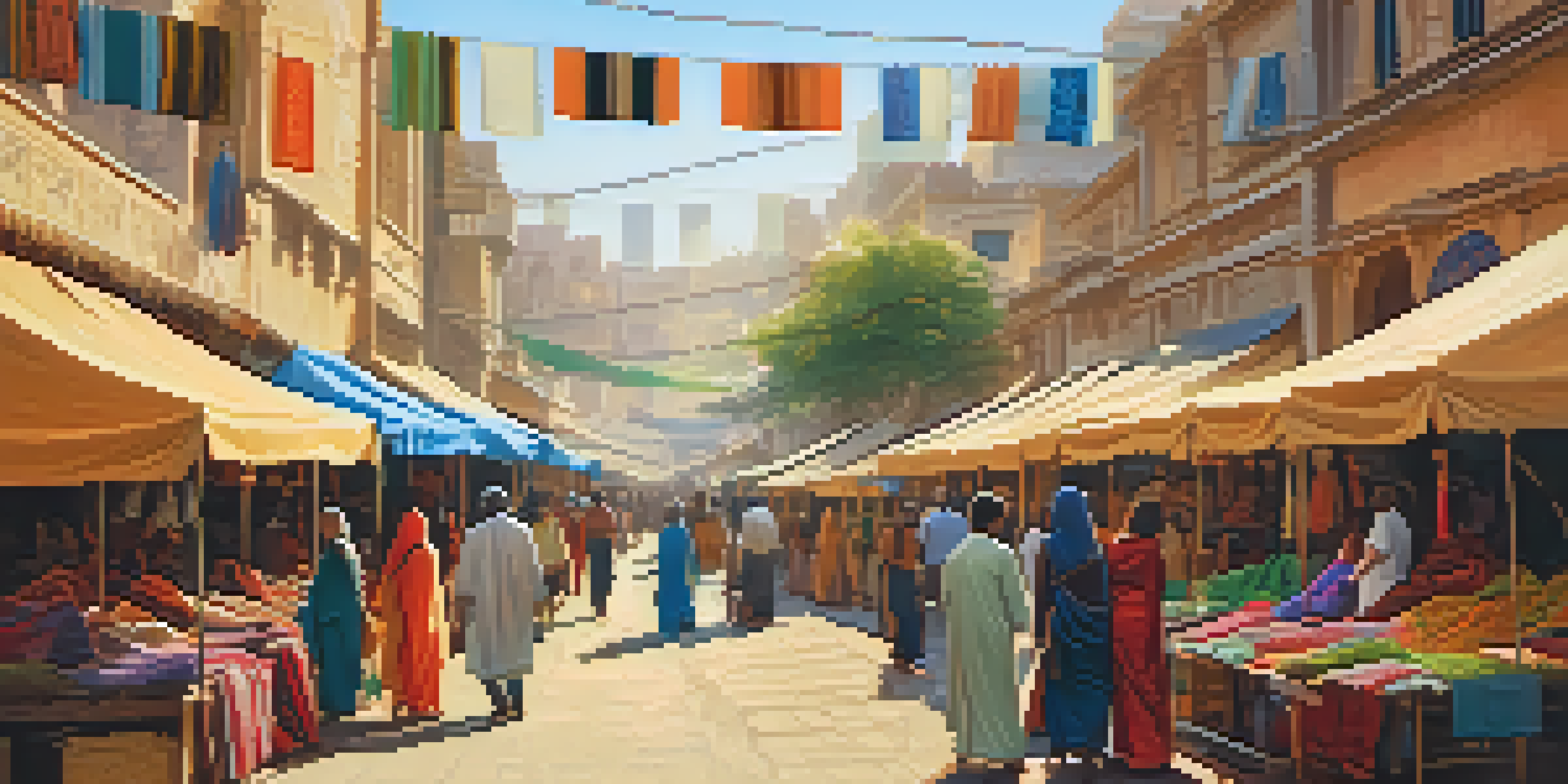 A busy street market featuring colorful clothing stalls and diverse shoppers, with artisans at work, illuminated by warm sunlight.