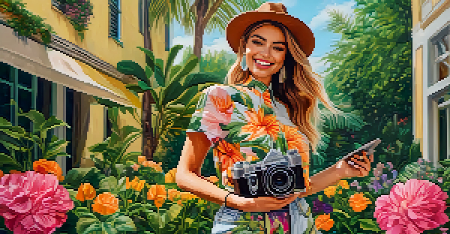 A fashion influencer takes photos of herself in a colorful outfit amidst a beautiful outdoor setting with greenery and flowers.