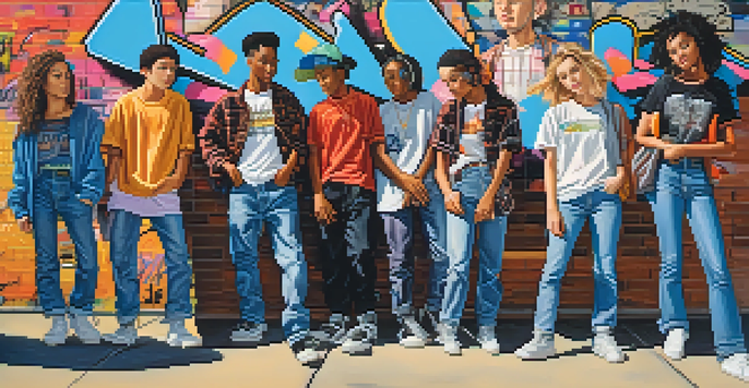 A lively city street in the 1990s with young people in casual fashion, surrounded by graffiti and skateboards.