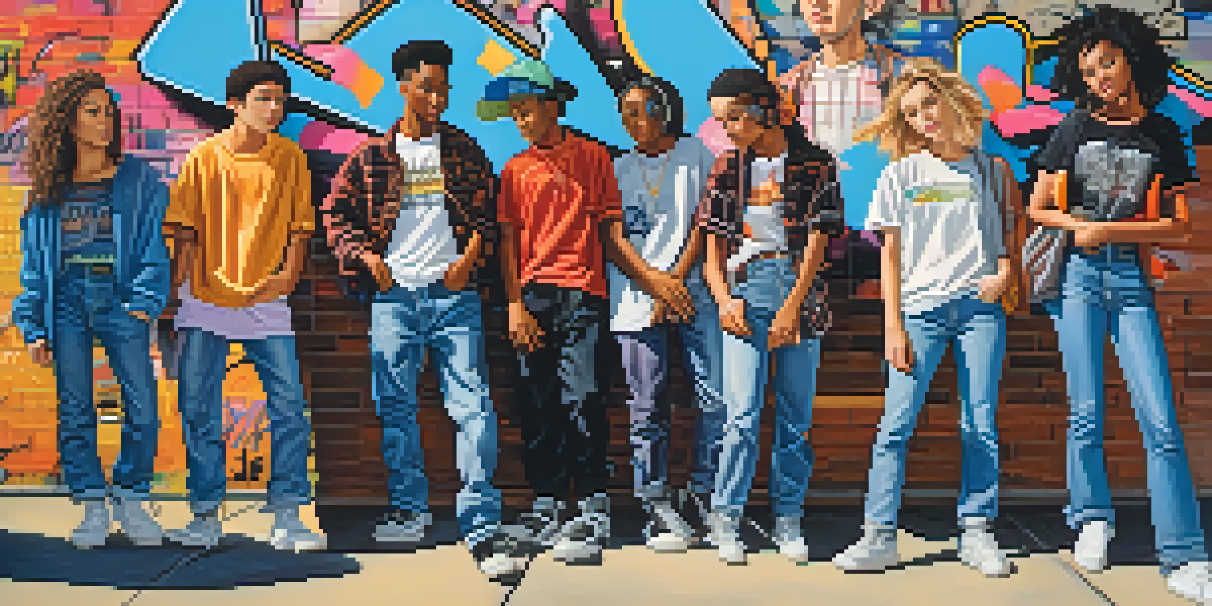 A lively city street in the 1990s with young people in casual fashion, surrounded by graffiti and skateboards.