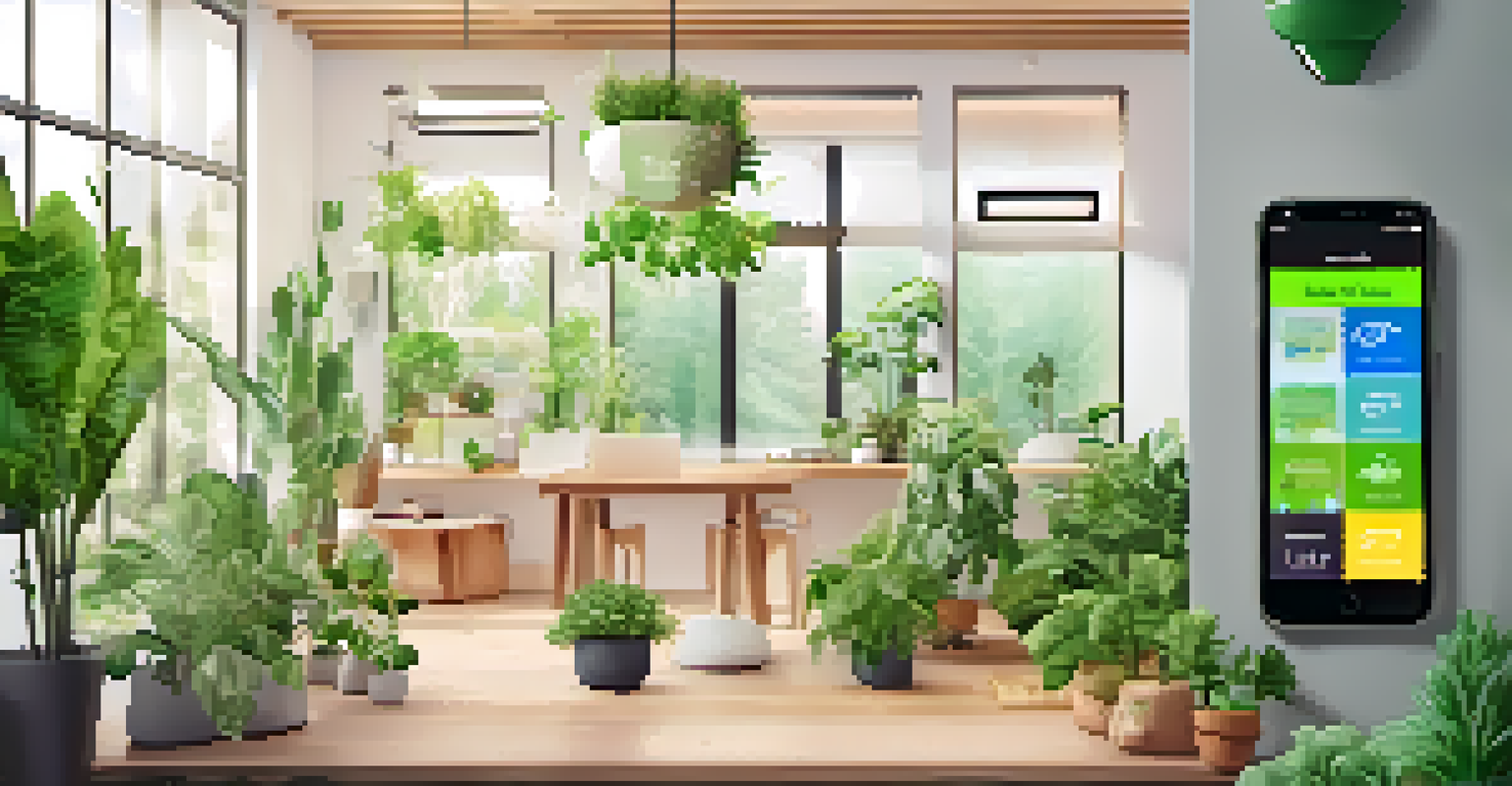 A smartphone showcasing an app for tracking carbon footprints with eco-friendly product options, set against a clean, modern workspace with green decor.