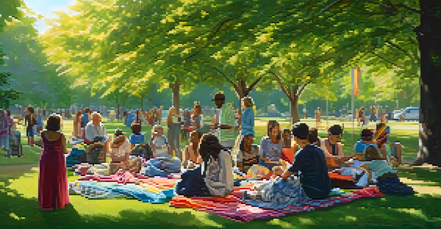 A vibrant clothing swap event in a park with people exchanging garments, surrounded by trees and greenery.