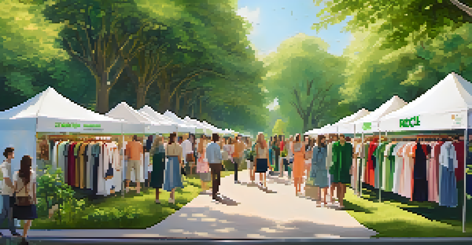 An outdoor event with booths for exchanging used clothing, people interacting, and a banner promoting recycling, set in a green park.