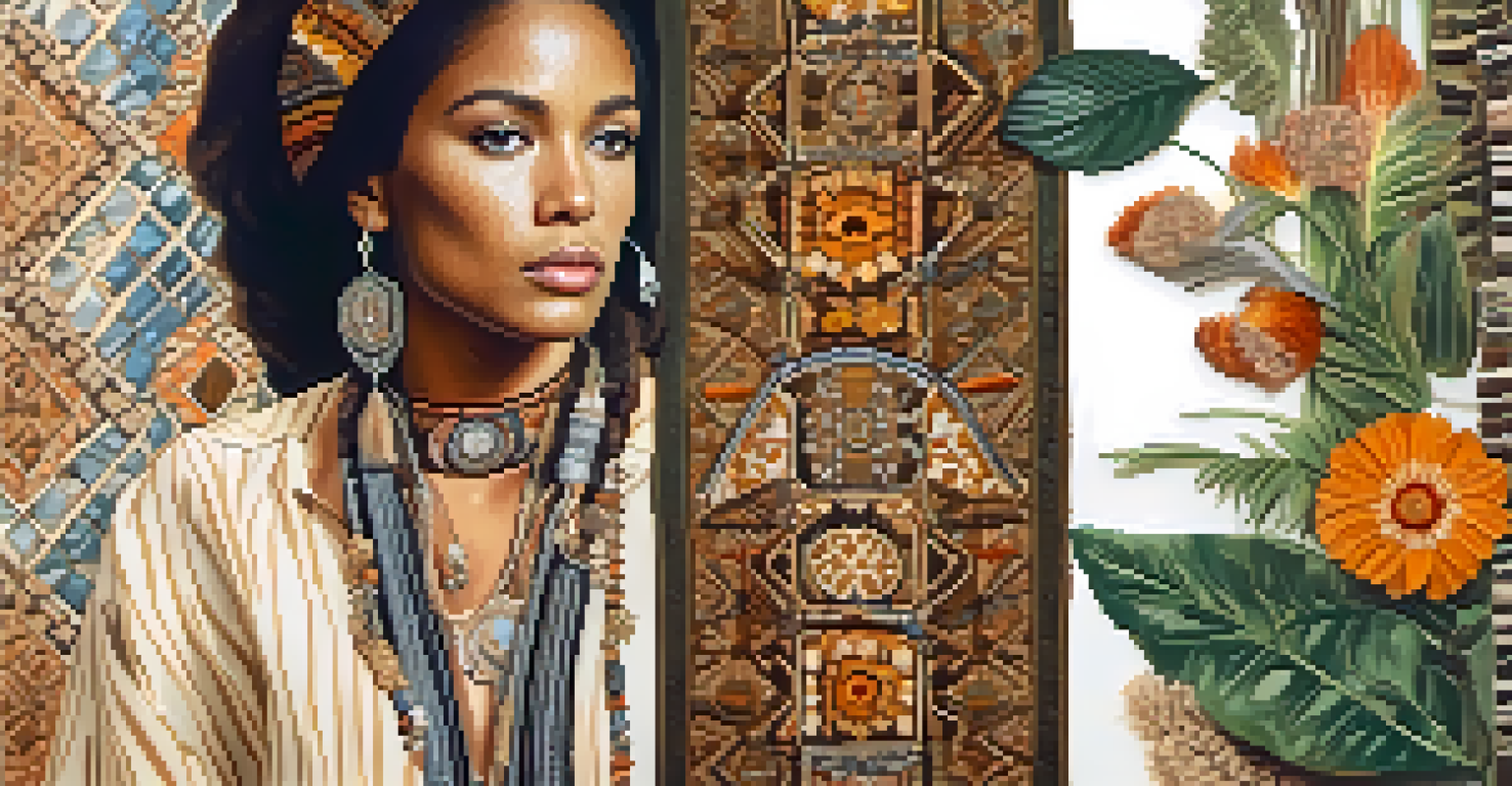 A close-up of a bohemian 1970s outfit showcasing intricate patterns and earthy tones, surrounded by flowers and greenery.