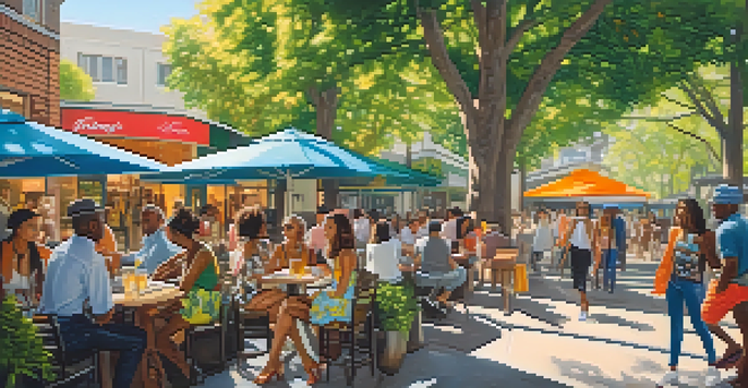 A lively street scene with diverse fashion enthusiasts in colorful outfits interacting near a cafe, surrounded by greenery and urban art.