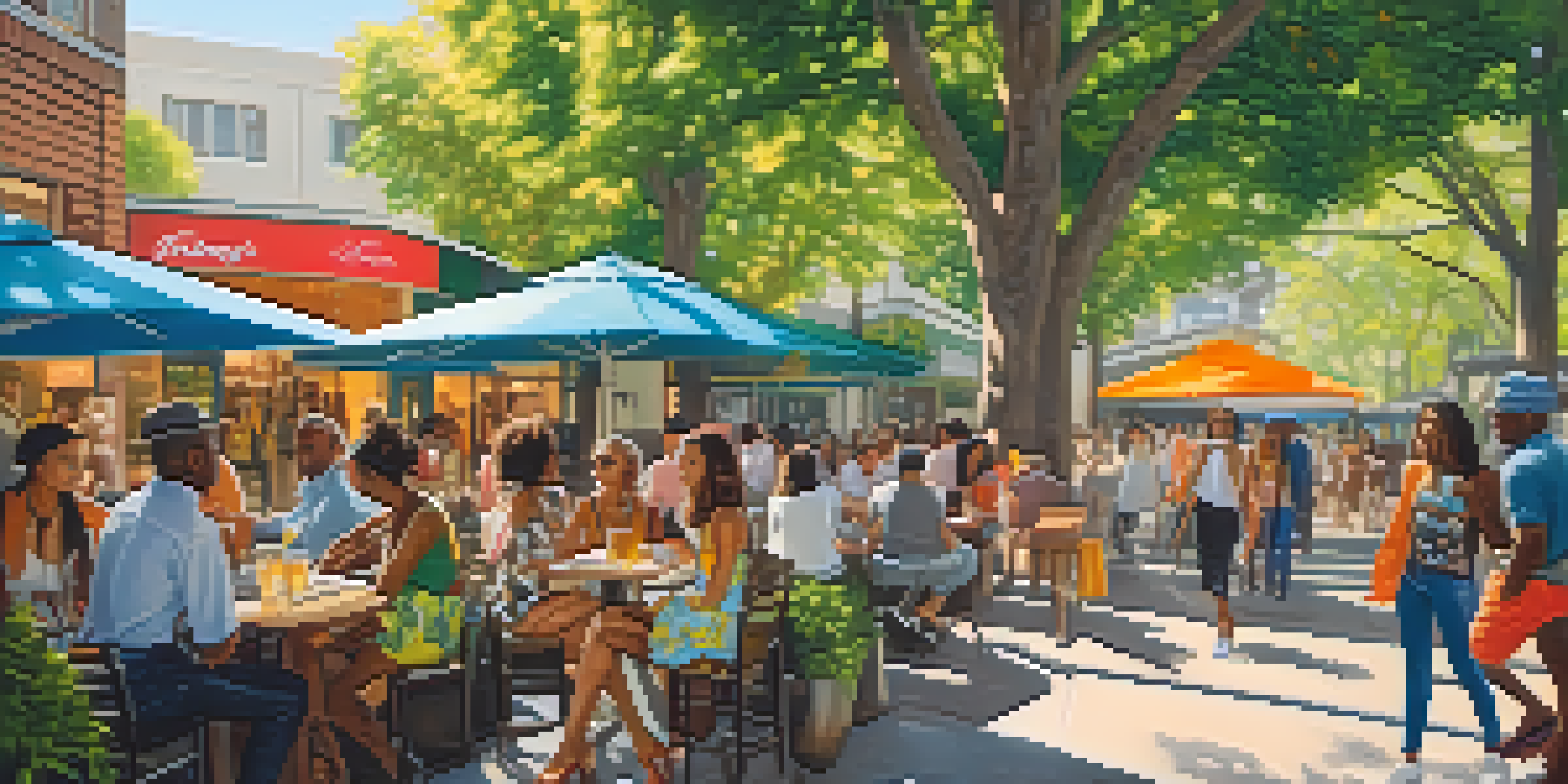 A lively street scene with diverse fashion enthusiasts in colorful outfits interacting near a cafe, surrounded by greenery and urban art.