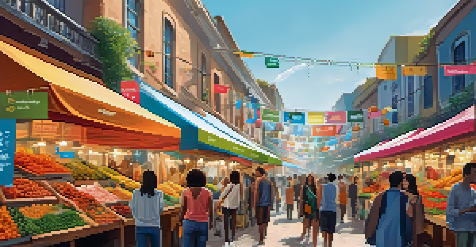 A vibrant street market showcasing fashion brands with stalls decorated with sustainability messages and shoppers scanning codes for product information.