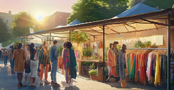 A sustainable fashion pop-up market during sunset, showcasing colorful clothing made from recycled materials with people shopping and exchanging garments.
