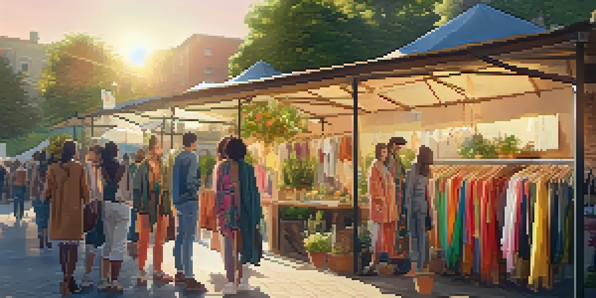 A sustainable fashion pop-up market during sunset, showcasing colorful clothing made from recycled materials with people shopping and exchanging garments.