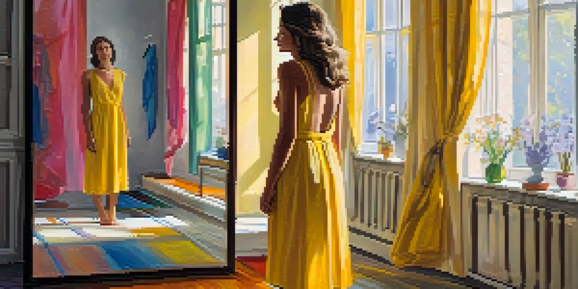 A woman joyfully trying on a bright yellow dress in front of a mirror, surrounded by colorful clothing in a well-lit room.