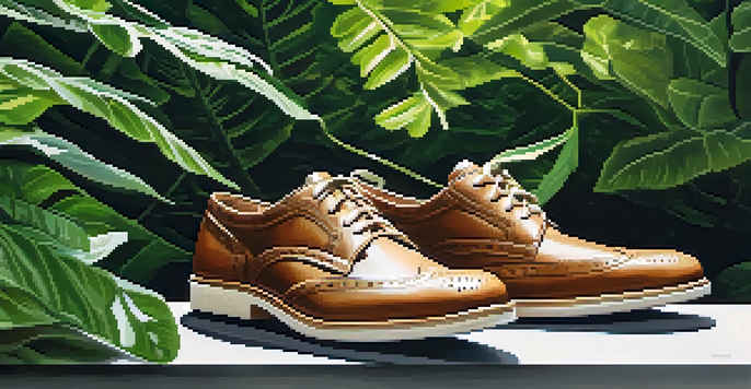 A close-up of stylish sustainable shoes made from organic materials, surrounded by green foliage and soft sunlight.