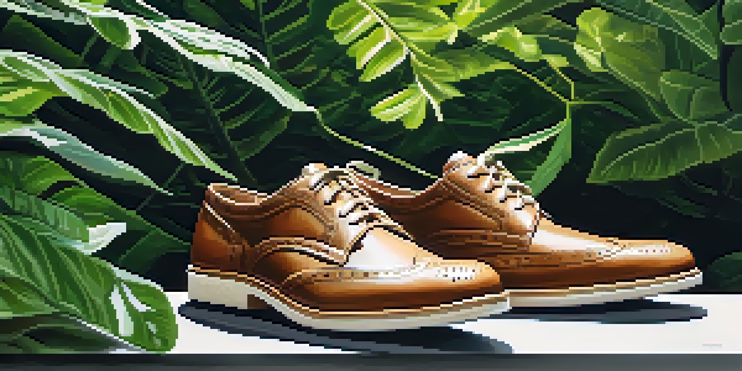 A close-up of stylish sustainable shoes made from organic materials, surrounded by green foliage and soft sunlight.
