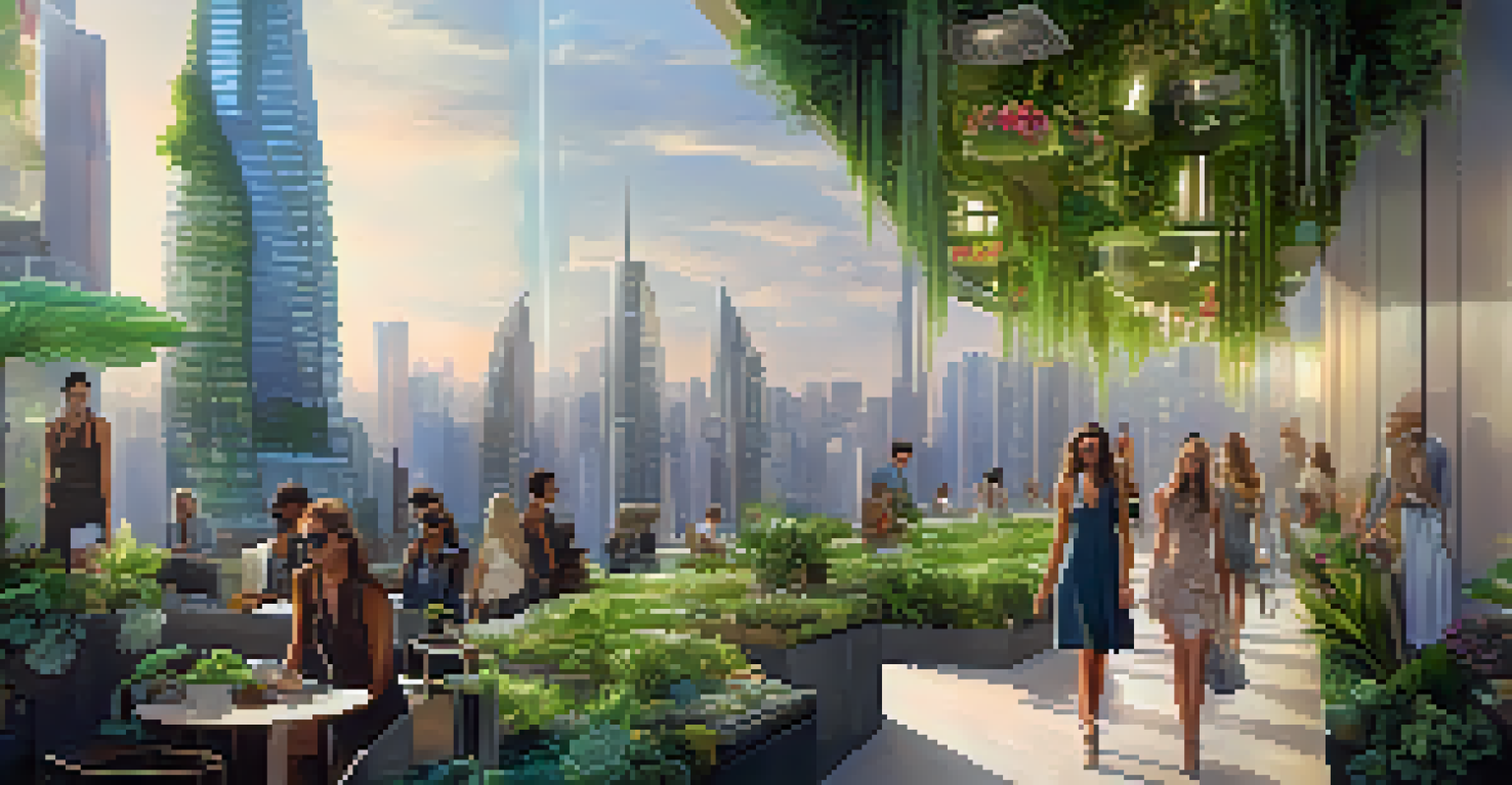 A futuristic cityscape featuring sustainable fashion with vertical gardens and eco-friendly boutiques, illuminated by soft lights and people in stylish outfits.