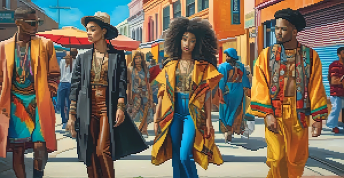 A diverse group of individuals in an urban setting, wearing culturally inspired outfits and engaging with colorful murals.