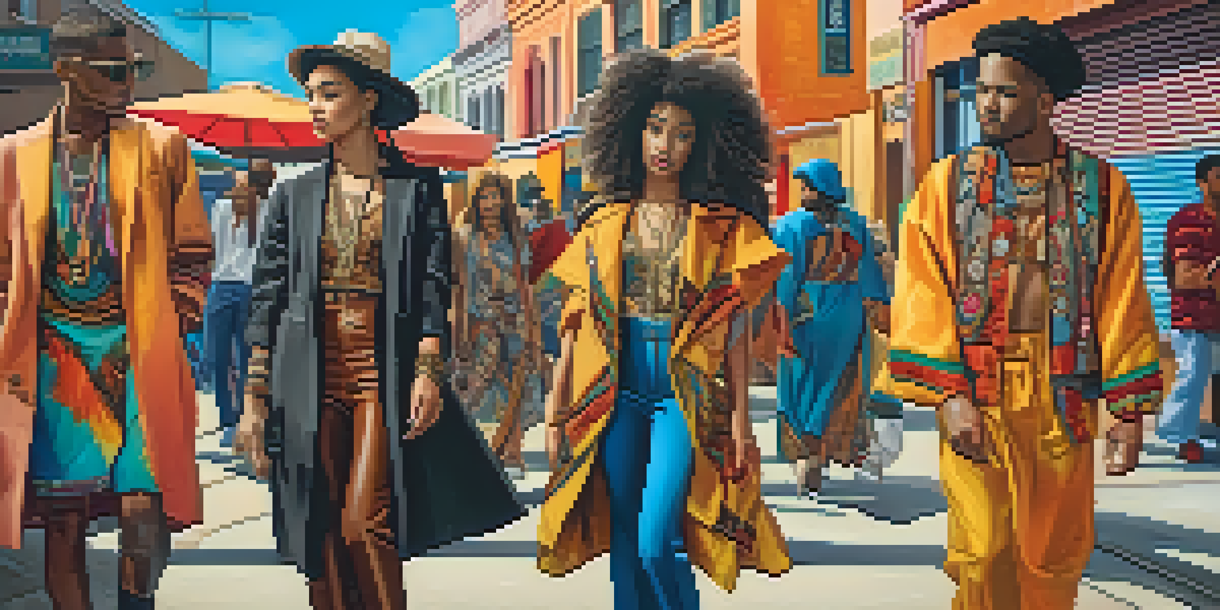 A diverse group of individuals in an urban setting, wearing culturally inspired outfits and engaging with colorful murals.