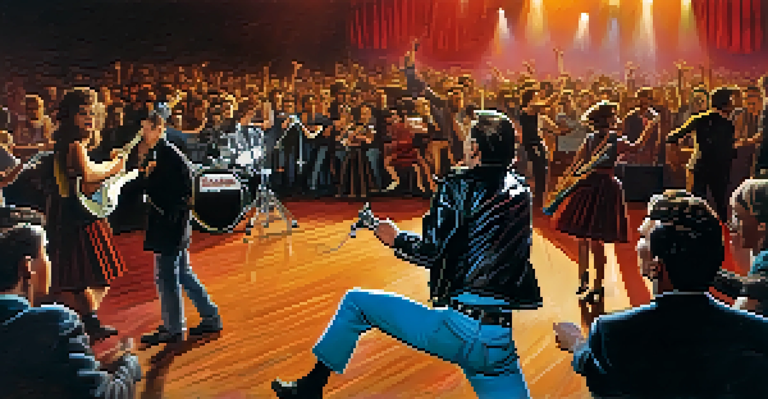 A 1950s rock 'n' roll concert with a band performing on stage, and fans dancing in denim jeans and poodle skirts, illuminated by colorful lights.