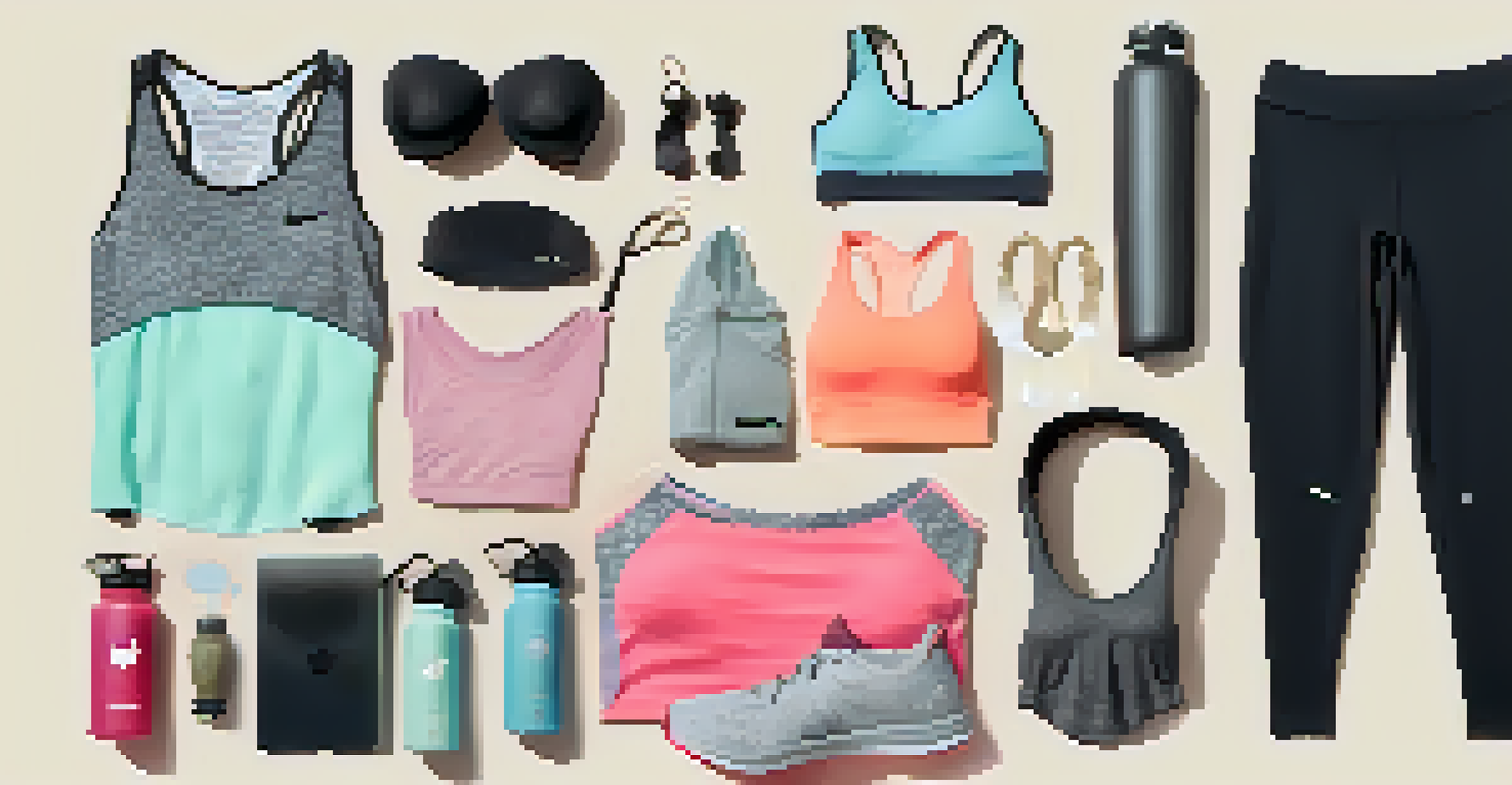 A flat lay of colorful activewear pieces, including leggings and a tank top, with workout accessories on a neutral background.
