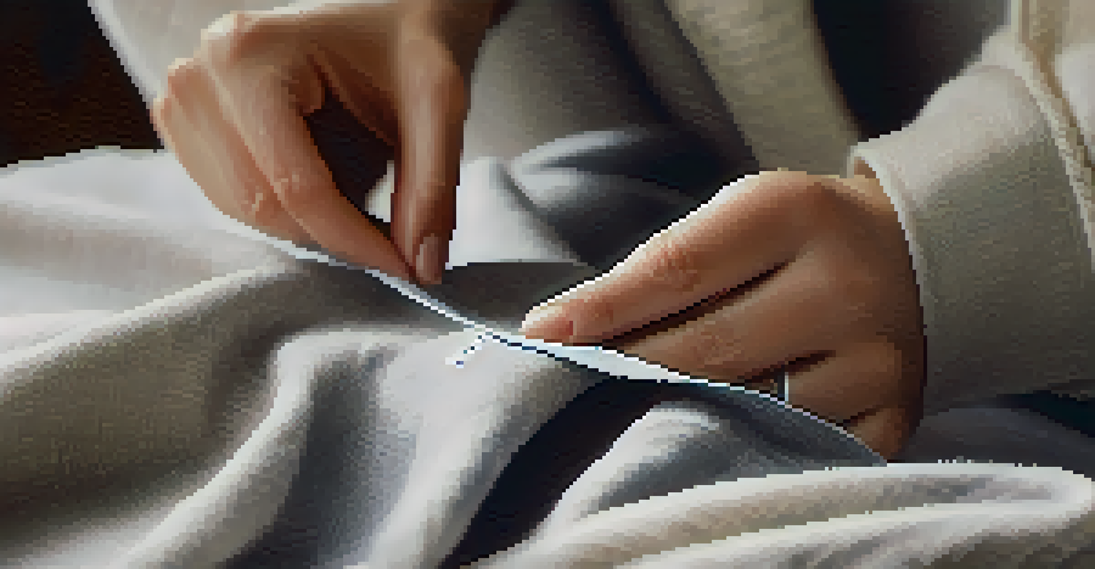 A close-up of hands examining a clothing tag about sustainable practices.