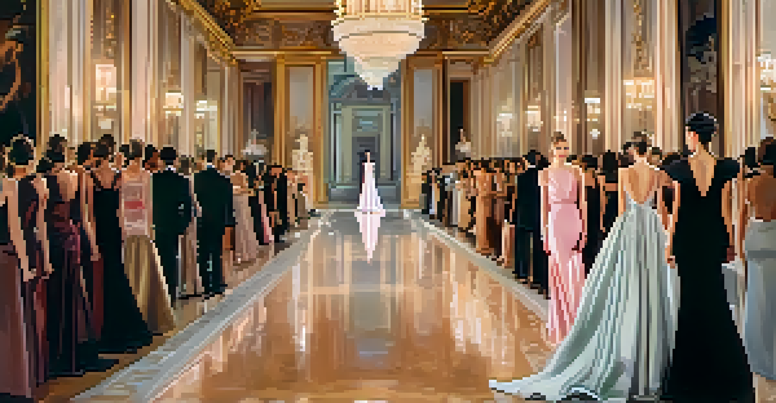 A model walking down an elegant runway adorned with high-fashion designs during Paris Fashion Week.