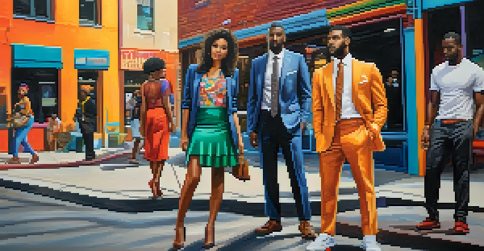 A lively street scene with people in diverse fashion styles, including a tailored suit and a flowing skirt, against a colorful urban mural.