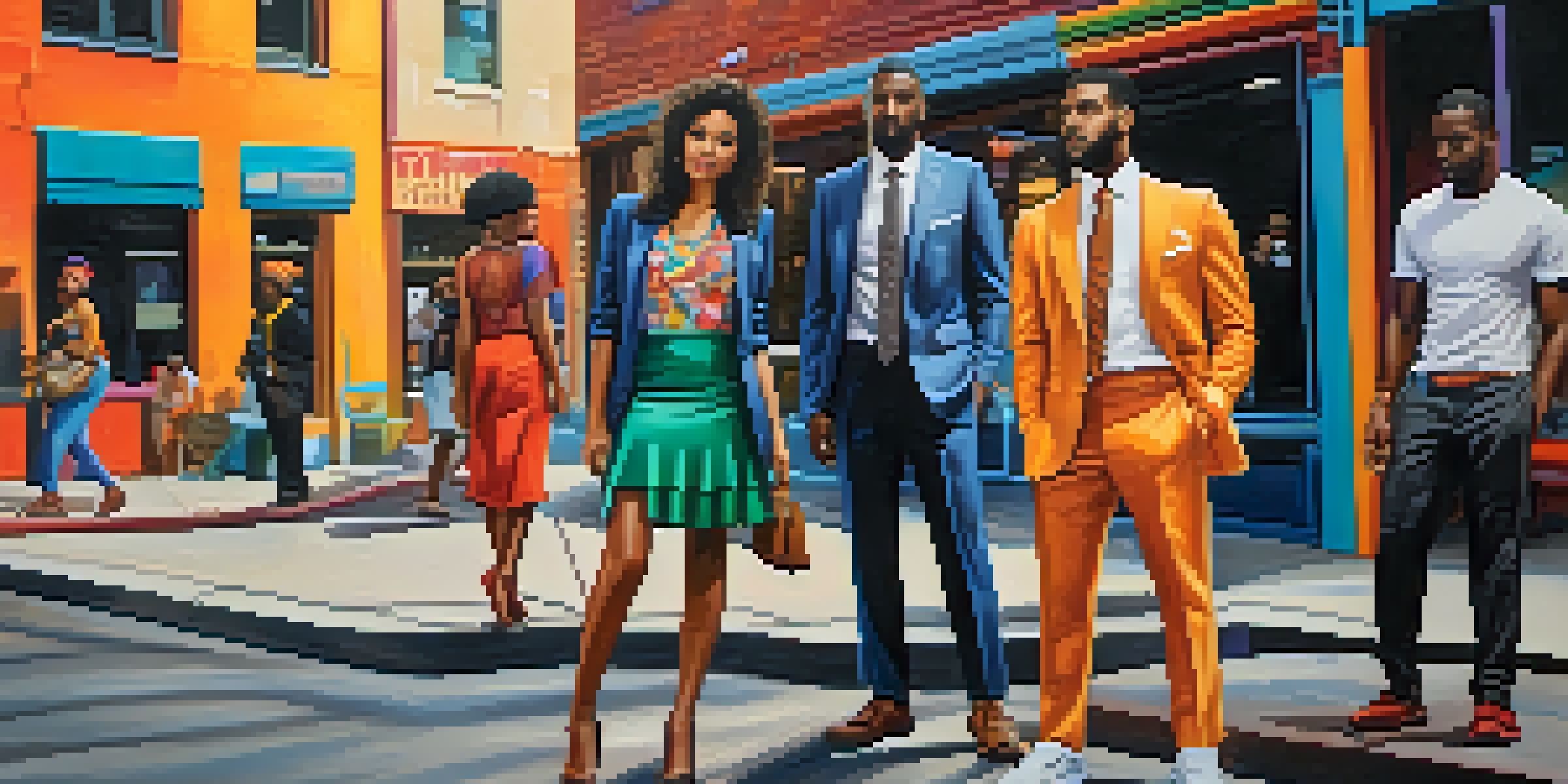 A lively street scene with people in diverse fashion styles, including a tailored suit and a flowing skirt, against a colorful urban mural.