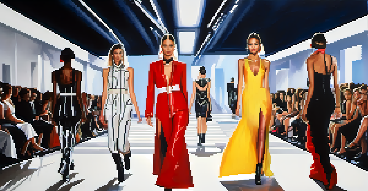 A fashion runway with models showcasing innovative designs and music-themed accessories under dramatic lighting.