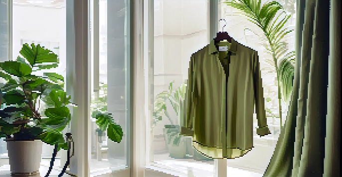 A close-up of a stylish shirt made from smart fabric displayed on a mannequin in a boutique, with natural light and plants in the background.