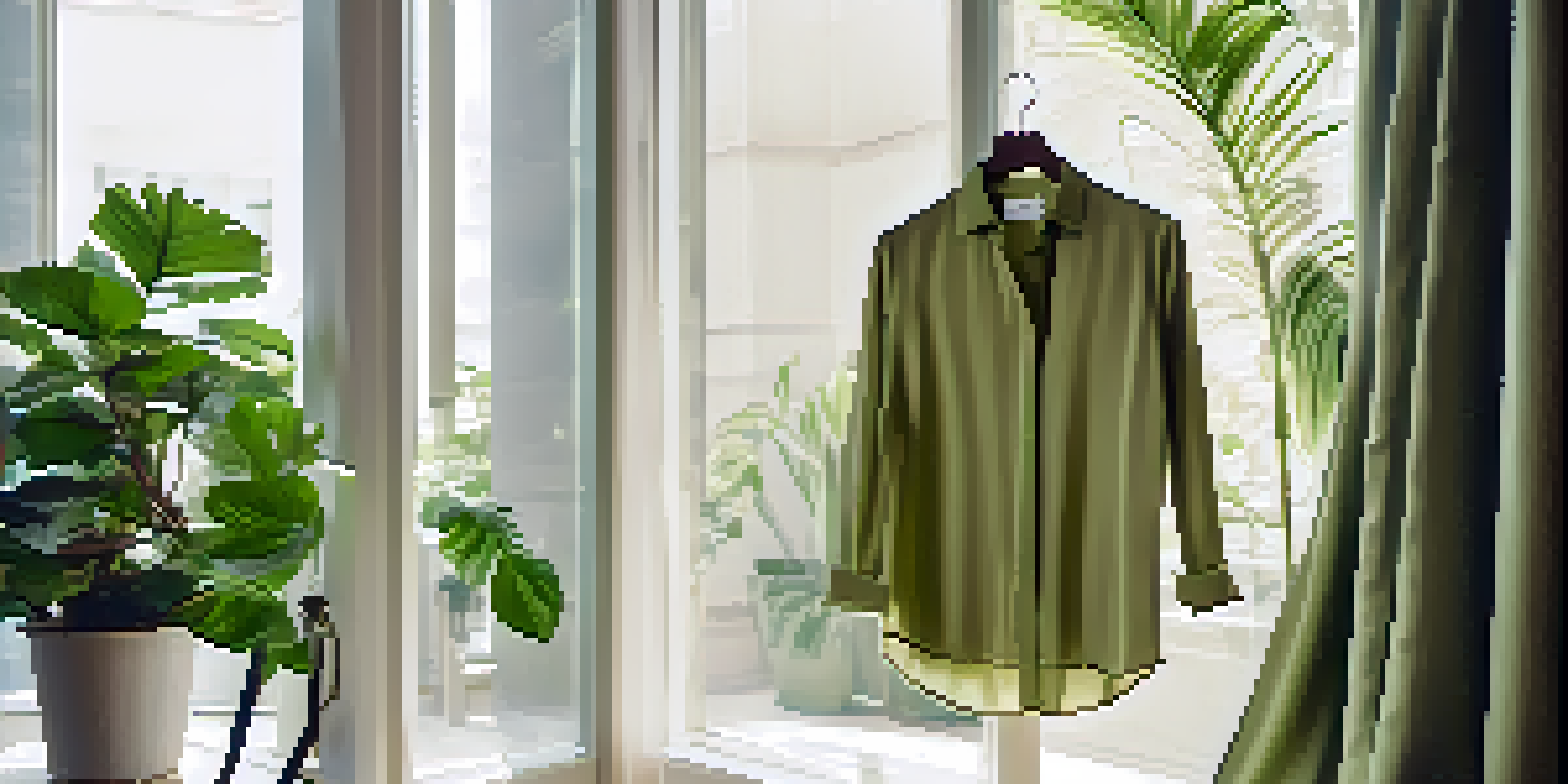 A close-up of a stylish shirt made from smart fabric displayed on a mannequin in a boutique, with natural light and plants in the background.