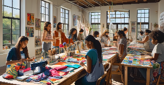 A lively workshop where people create their own clothes, surrounded by colorful fabrics and sewing machines, with sunlight streaming in.