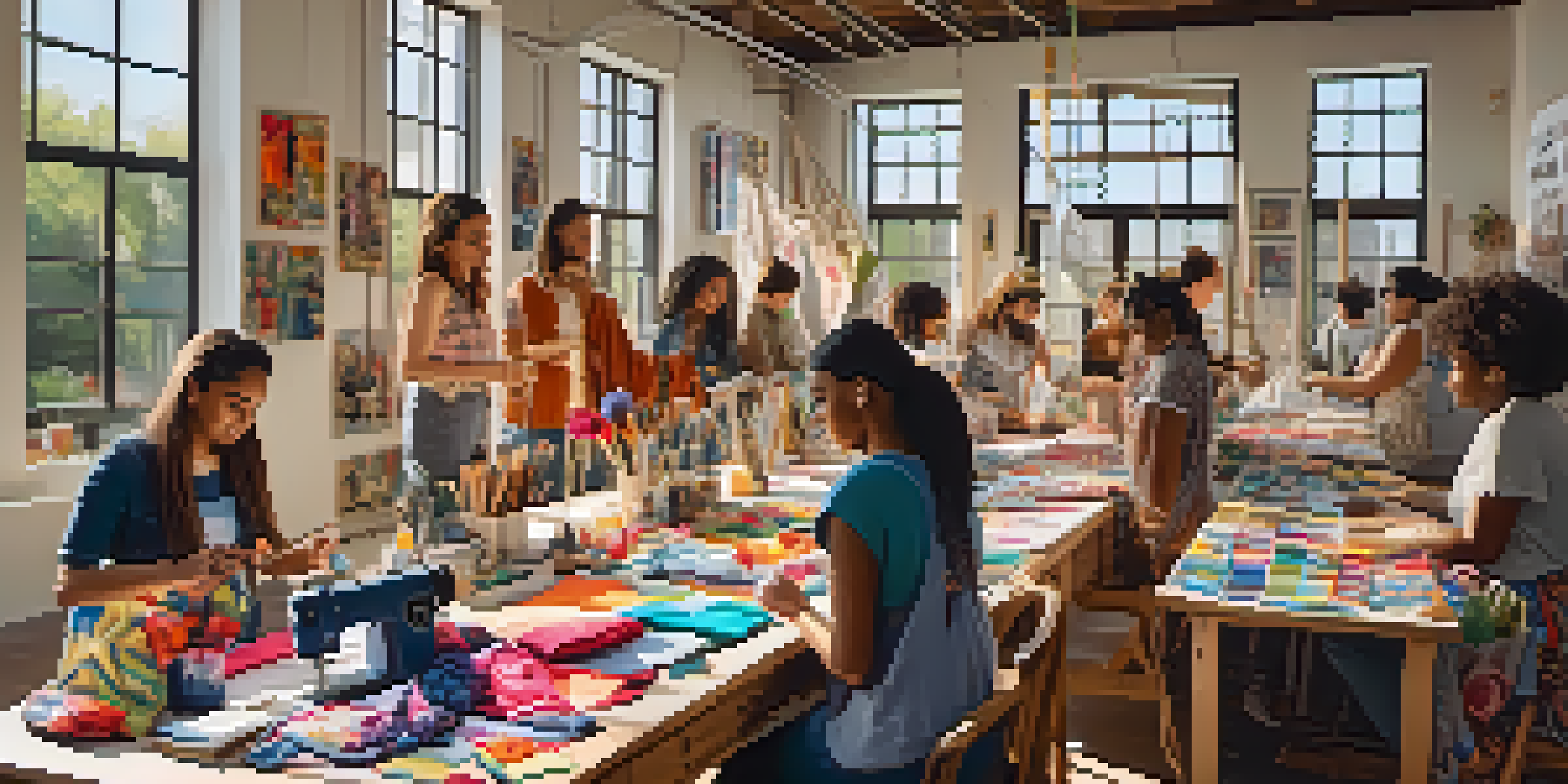 A lively workshop where people create their own clothes, surrounded by colorful fabrics and sewing machines, with sunlight streaming in.