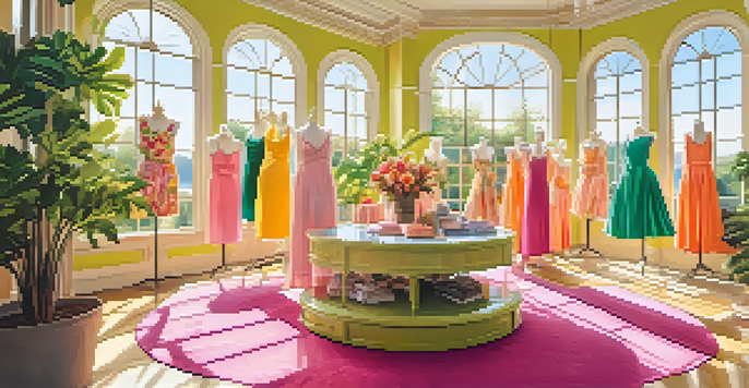 A sunlit boutique displaying colorful summer dresses in bright hues, with green plants enhancing the cheerful atmosphere.