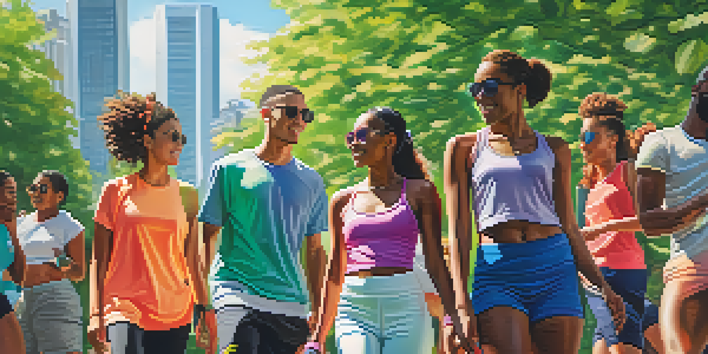 A diverse group of young adults in trendy activewear enjoying outdoor activities in a park with modern city buildings in the background.