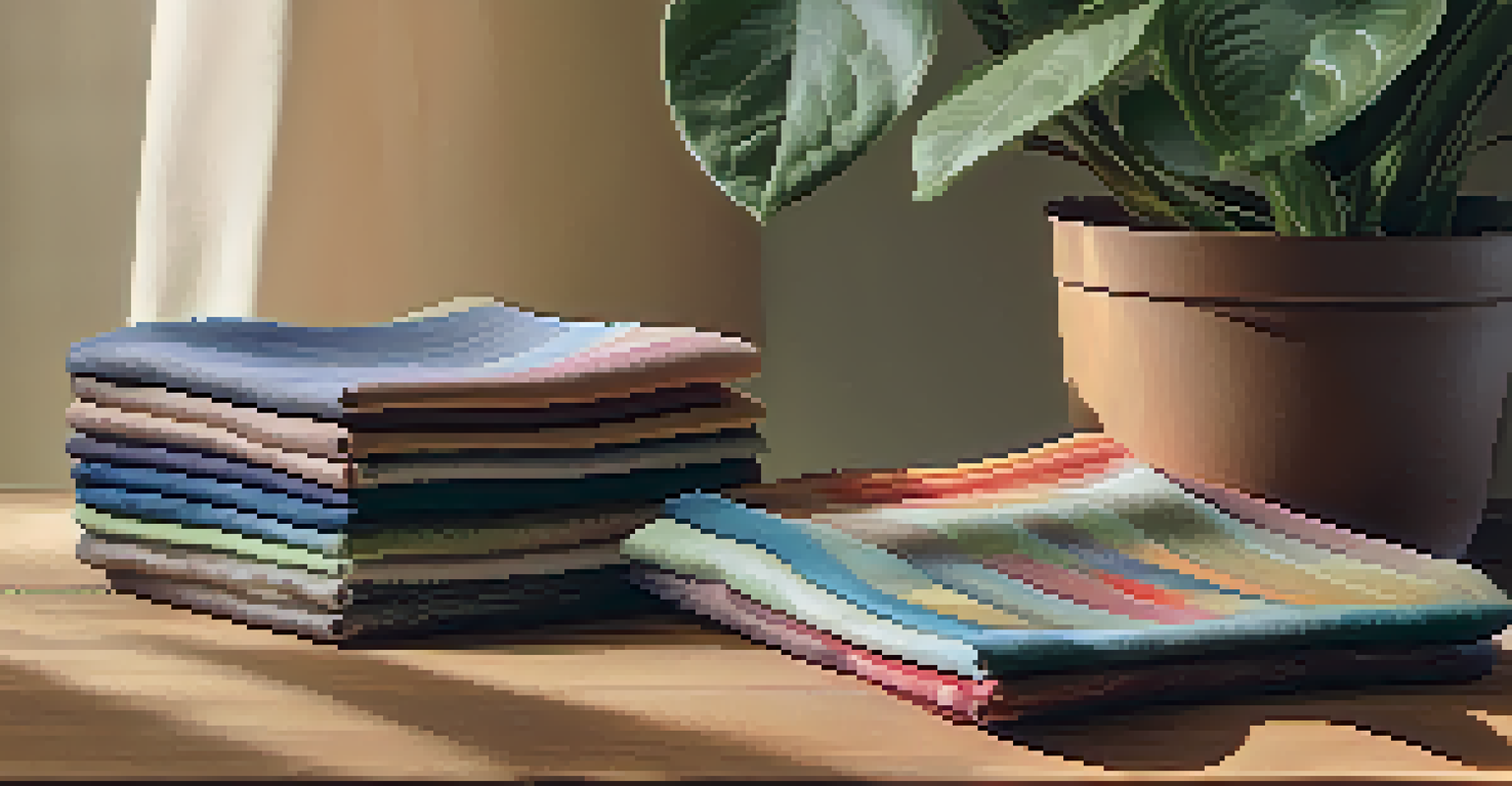 A close-up of different biodegradable fabric samples on a wooden table, with a potted plant and warm lighting highlighting their textures.