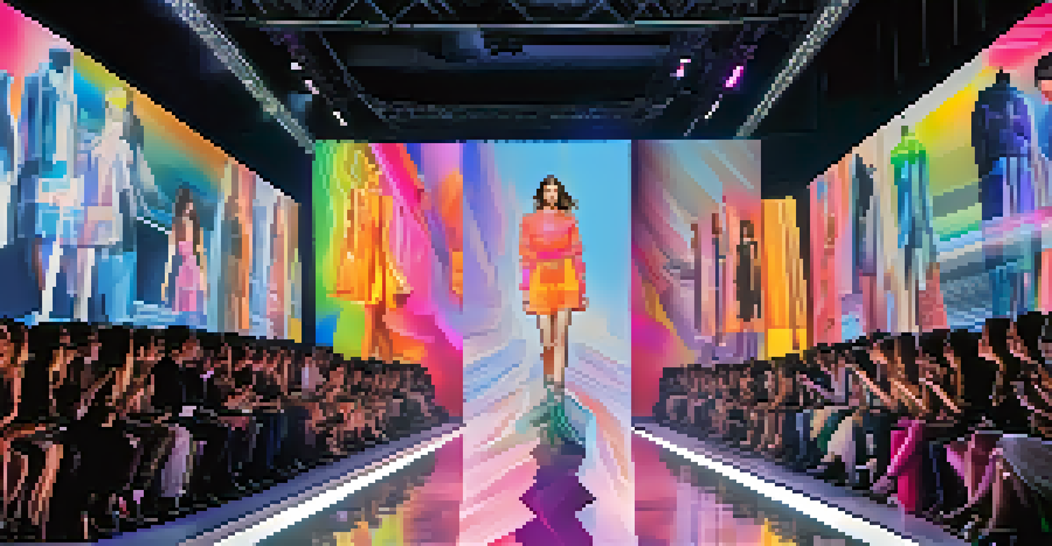 A futuristic fashion runway with virtual models showcasing digital clothing, surrounded by colorful LED lights and an engaged audience.