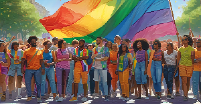 A diverse group of people in rainbow clothing standing together at a pride event, surrounded by colorful flags and sunlight.