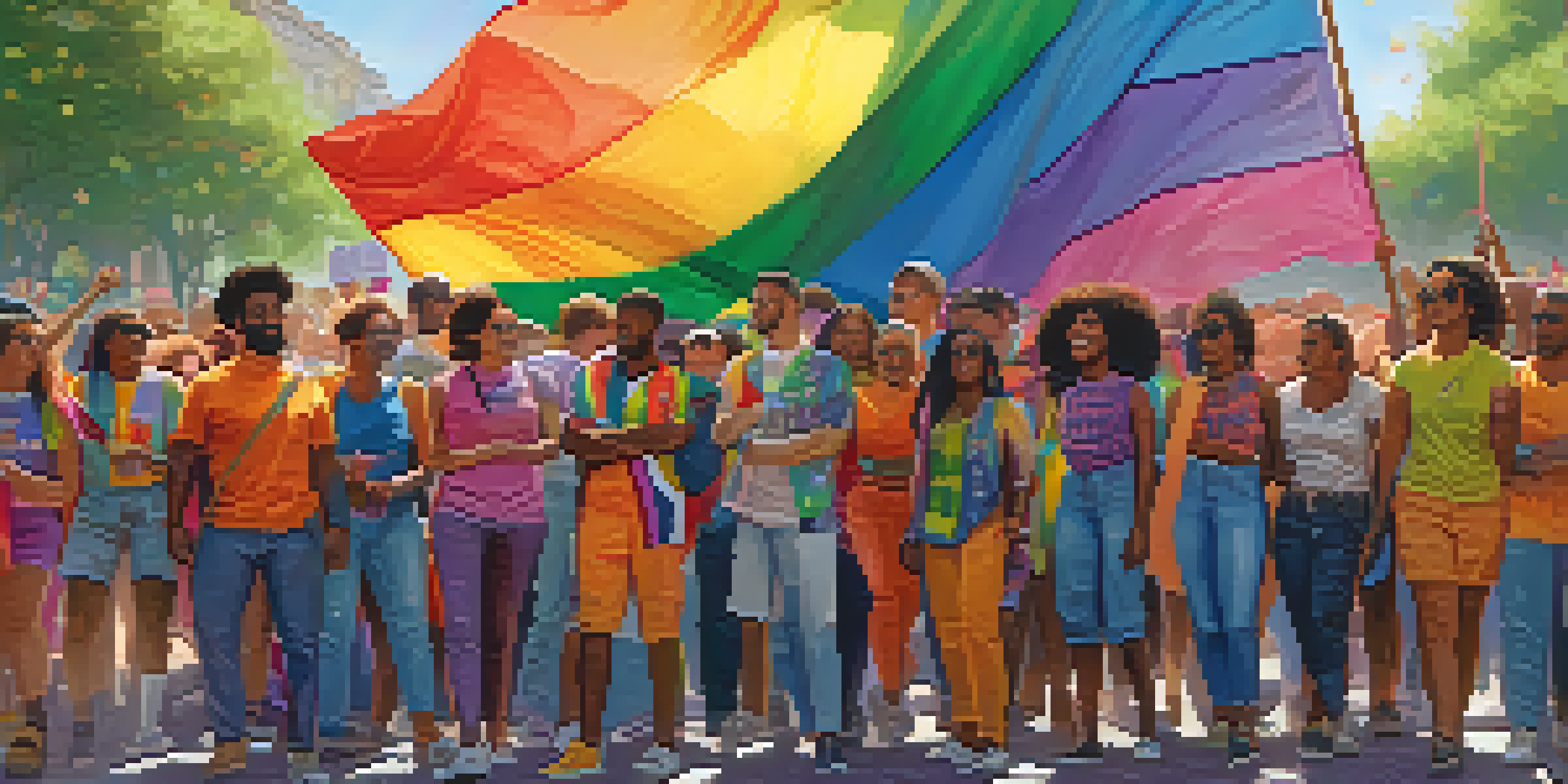 A diverse group of people in rainbow clothing standing together at a pride event, surrounded by colorful flags and sunlight.