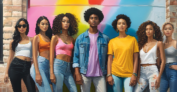 A diverse group of models of different ethnicities and body types posing together in an urban environment with colorful street art.