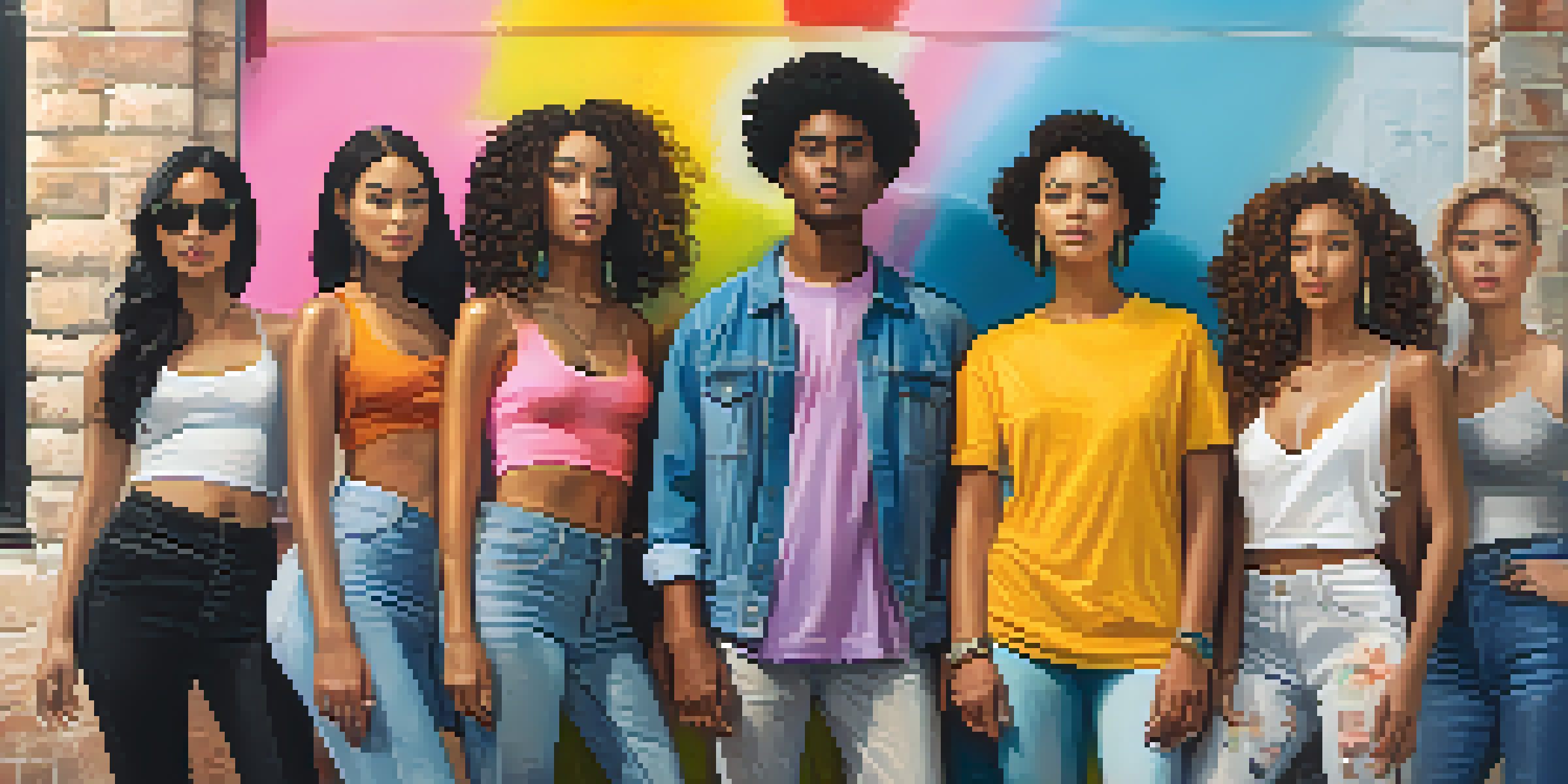 A diverse group of models of different ethnicities and body types posing together in an urban environment with colorful street art.