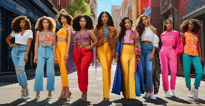 A diverse group of models in stylish outfits poses confidently in front of colorful street art, highlighting inclusivity in fashion.