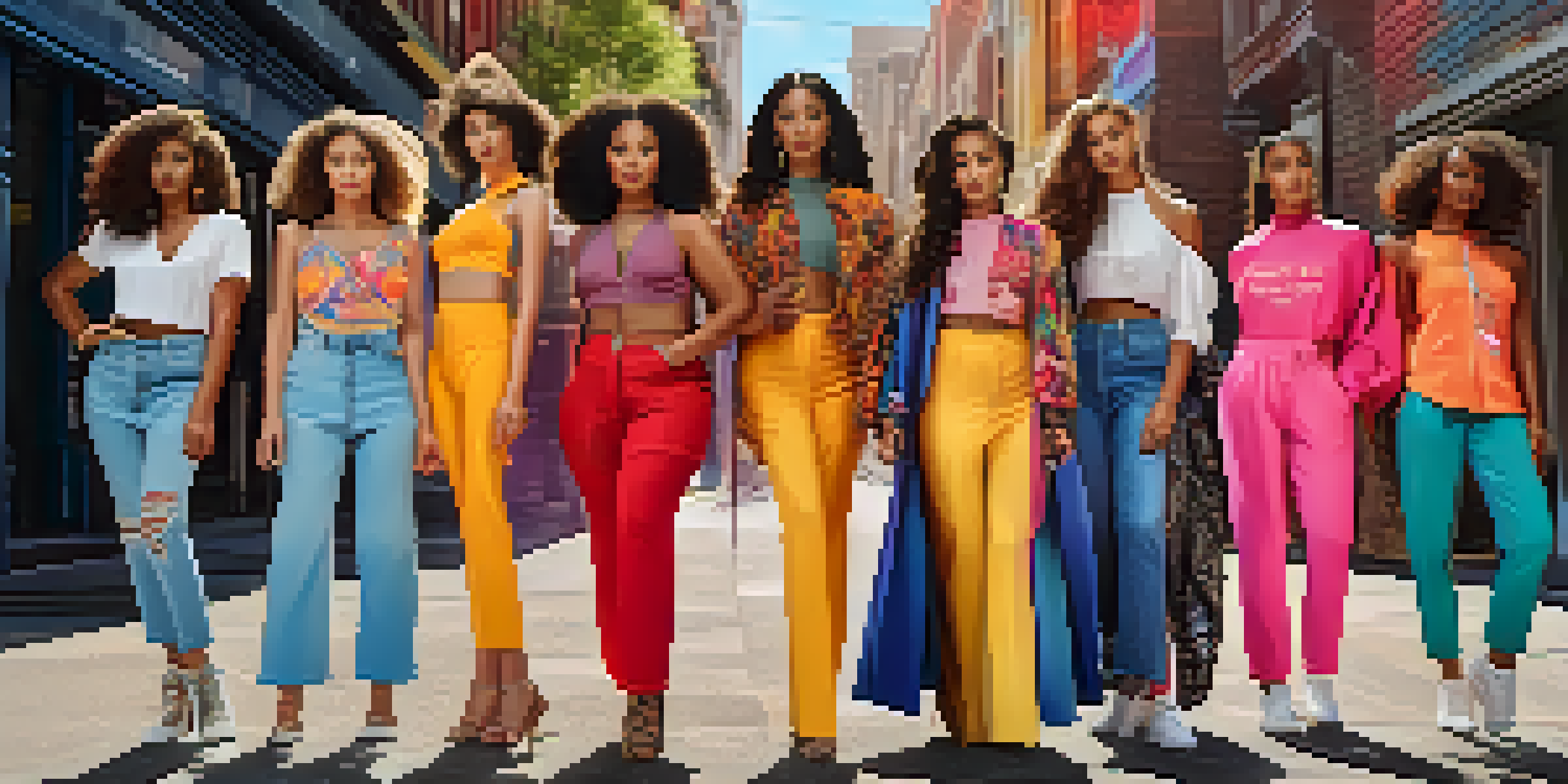 A diverse group of models in stylish outfits poses confidently in front of colorful street art, highlighting inclusivity in fashion.