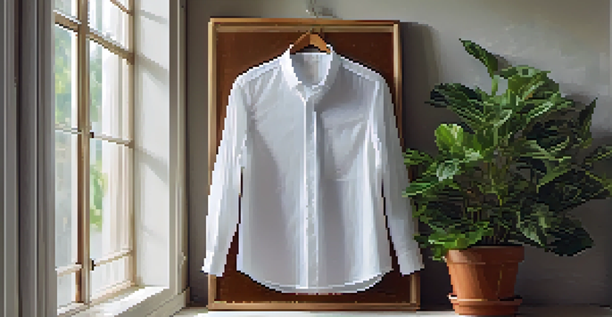 A white shirt on a wooden hanger with soft light coming through a window, accompanied by a small potted plant in the background.
